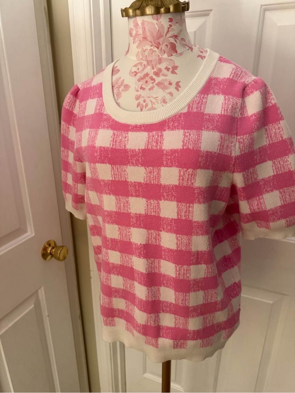 Maeve Pink and White Gingham Knit short sleeve sweater Barbie